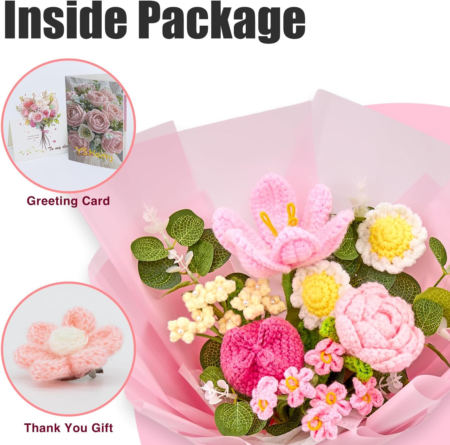 YSHomy Crochet Flowers, Crochet Flower Bouquet with Tulips, Roses & Daisy,Crochet Bouquet for Mom, Graduation Flowers, Get Well Soon Gift(Pink,Include Card)