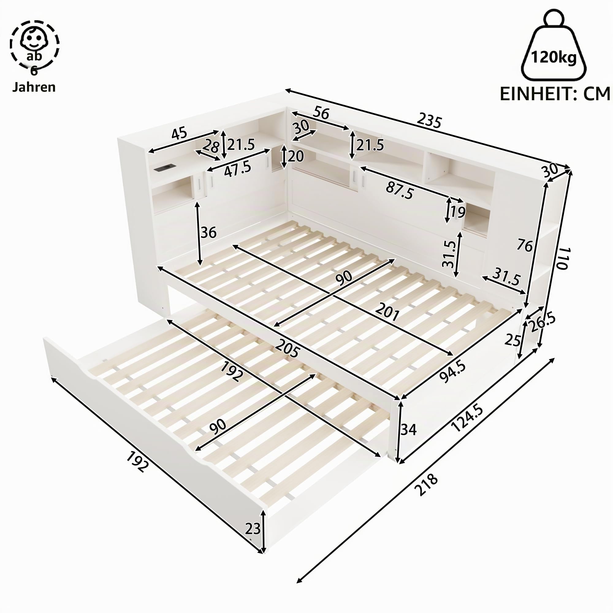 Funktionsbett | Stauraumbett | Kinderbett mit Ausziehbett, USB und Bücherregal, Kiefernholz Plattformbett mit Regal, für Erwachsene, Kinder, Jungendliche, Weiß, 90x200 (90x190)
