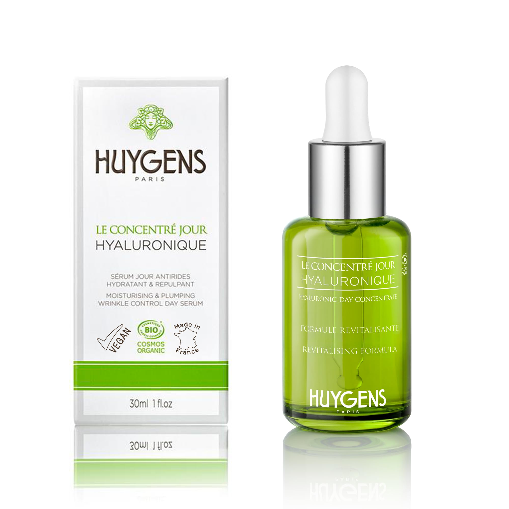HUYGENS Sérum Acide Hyaluronique Visage – Concentré Hydratant & Repulpant avec Booster 3% – +​49% d'Hydratation – 99% Naturel – 30 ml