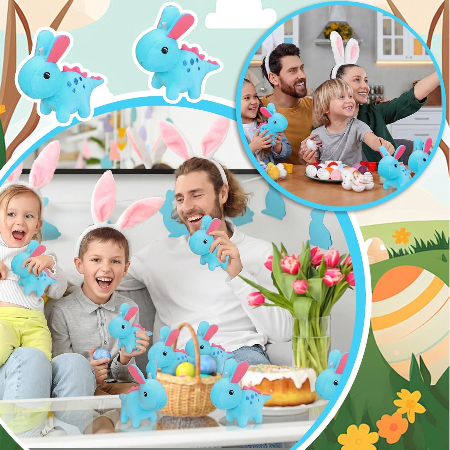 12 Pcs Easter Dinosaur Stuffed Animal Plush Bulk for Kids 6 Style 4.7'' Mini Dinosaur Stuffed Animal Plush Samll Fluffy Toys for Easter Egg Hunt Favor Basket Filler Hunt Game Supply