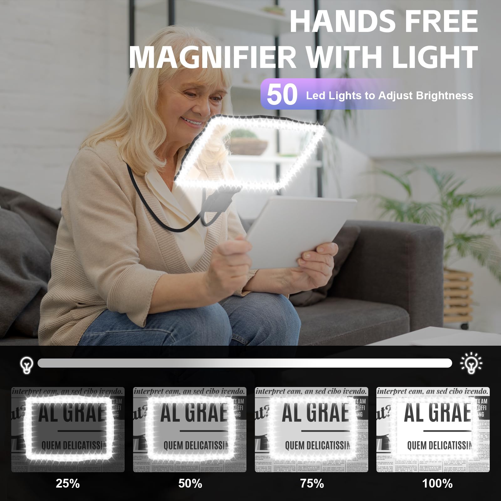 Lupa grande manos libres con luz 50 LED ultrabrillantes, lupa de cuello manos libres con luz horizontal y vertical con cuello de ganso flexible para personas mayores, lectura, manualidades