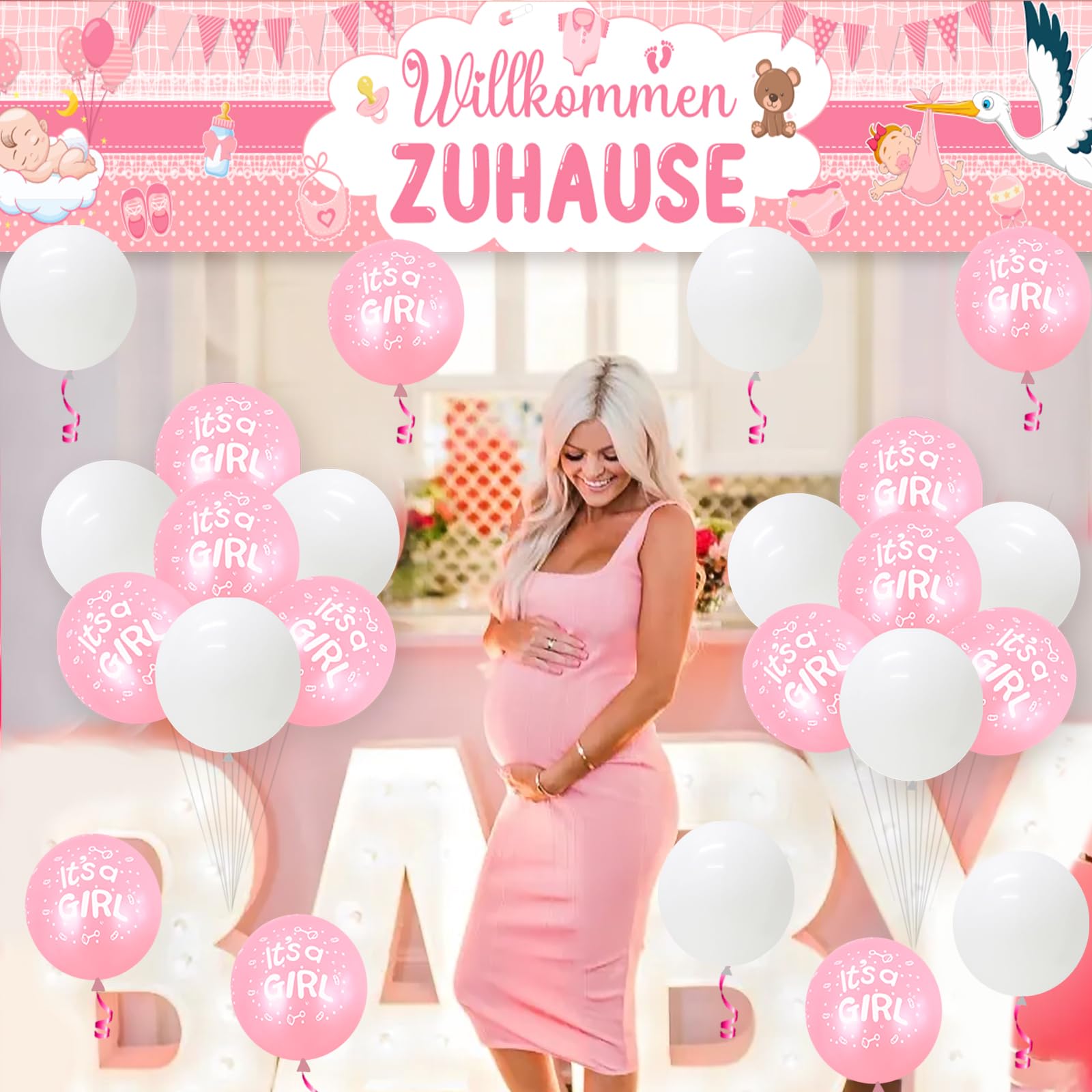 Bannière D'Anniversaire Rose Avec Nœuds Et Tourbillons - Déco Fête Prénatale Et Anniversaire Fille
