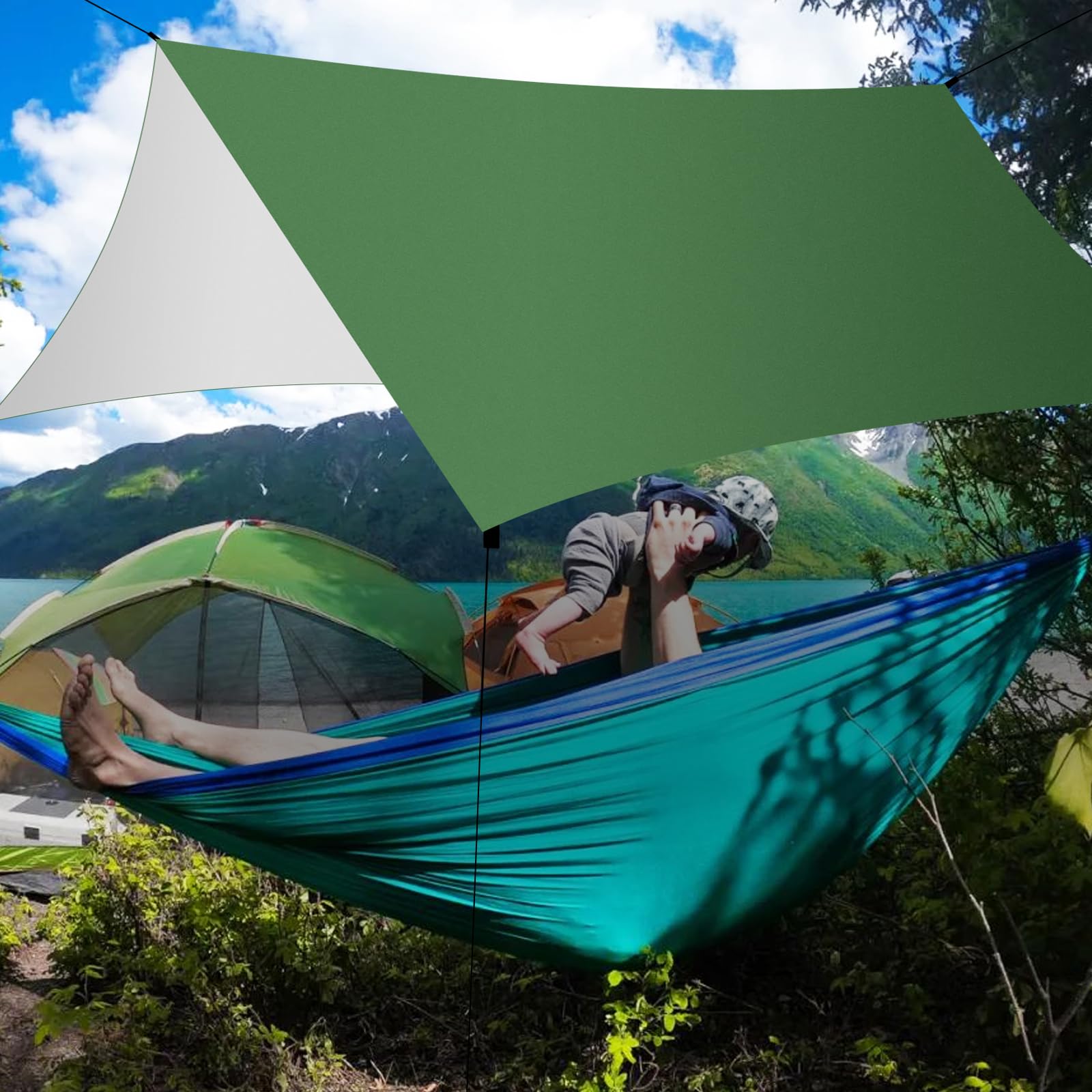 Camping Bâche 3x3M,Toile de Tente Imperméable Anti-UV,Camping Bâche Anti-Pluie,Tente Parasol Abri de Survie Tous Temps pour Extérieur, Bivouac, Randonnée, Trekking, Hamac, Auvent Van Fourgon