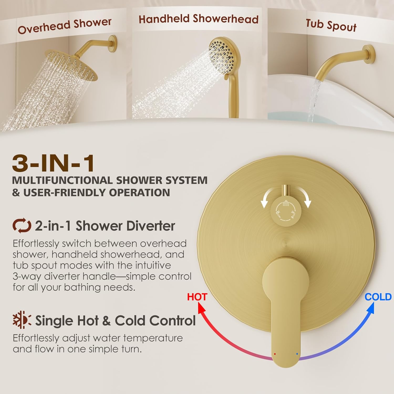 Brushed Gold Shower System with Tub Spout – 8-Inch Rain Shower Head & Filtered Handheld with 8 Spray Modes, Wall Mounted Bathroom Shower Combo Set