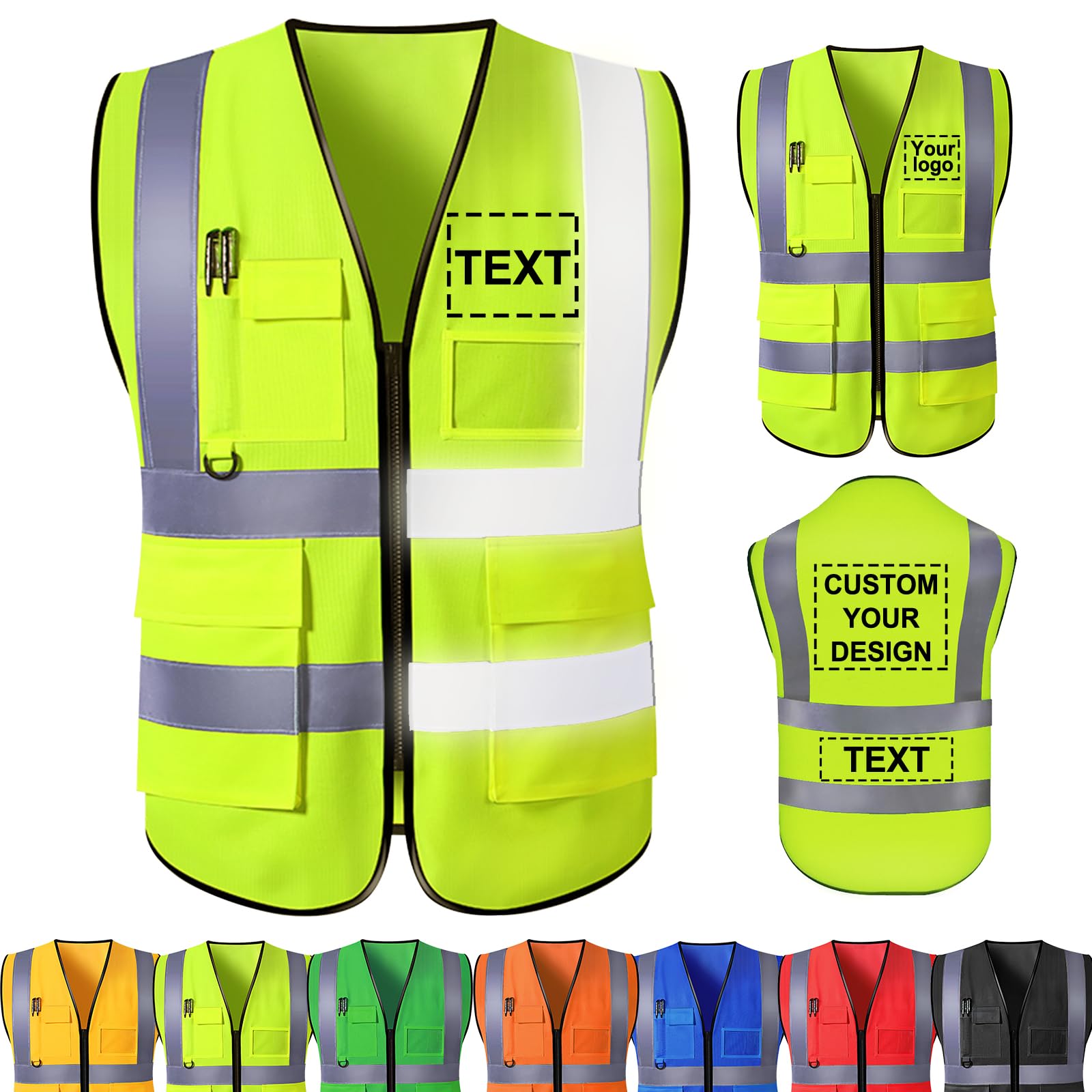 Custom Safety Vest Personalized Reflective Vest with Logo Pockets Customized High Visibility Vest, Men Women Construction Worker Outdoor Protective Workwear