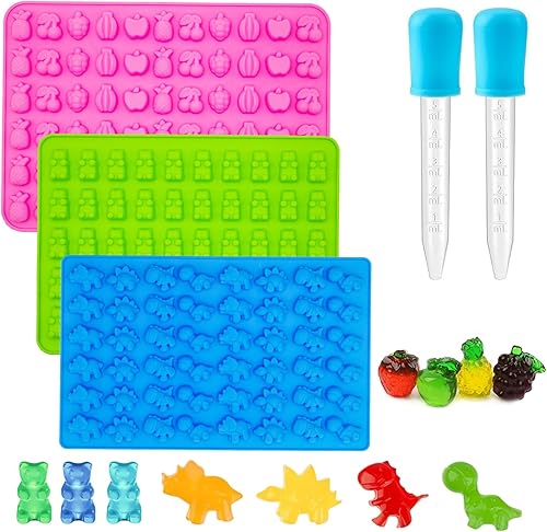3 moldes de gomitas para niños, moldes de silicona para bocadillos de osodinosauriofruta con 2 cuentagotas, antiadherentes y sin BPA para hornear