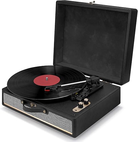Reproductor de discos, reproductor de discos de vinilo negro, diseño de maleta portátil de 3 velocidades Turtable, salida RCA Bluetooth Aux en