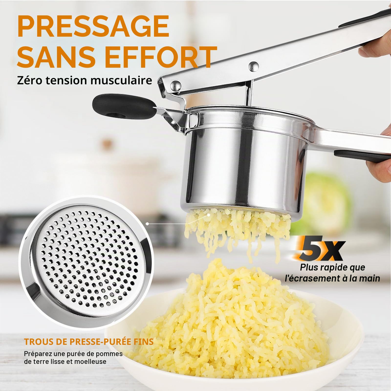 Presse-purée inox 450 ml fond perforé fixe, presse à pommes de terre grande capacité