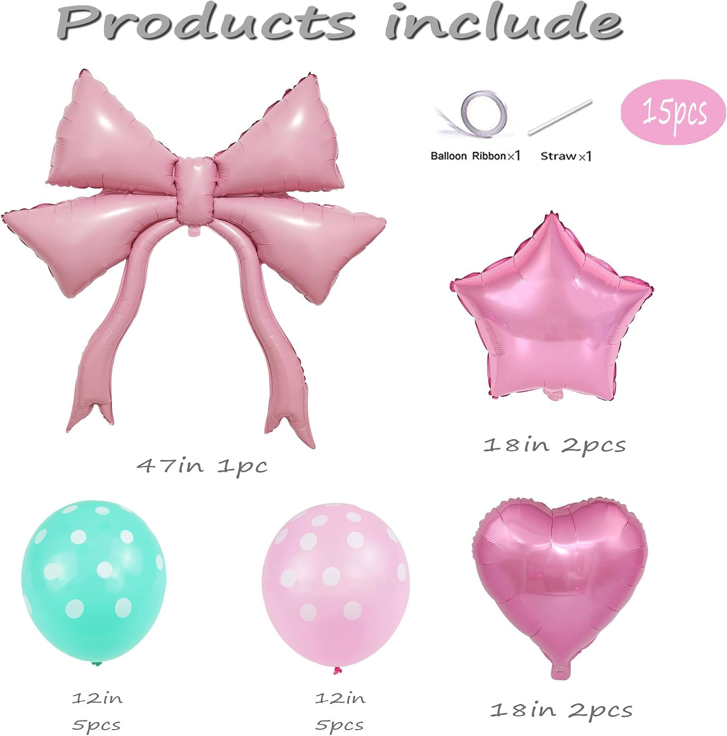 15PCS Pink Bow Balloon Bouquet Kit | Teal Pink Polka Dot Balloons for Girls' Birthday, Baby Shower, Princess Party Decorations