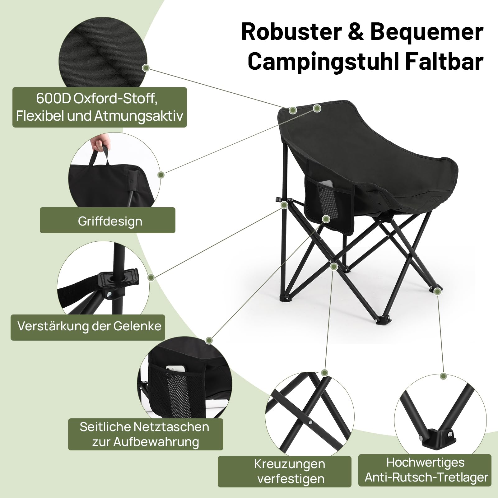 HAUSPROFI Campingstuhl Faltbar 150 kg Belastbar, Klappstuhl Camping Leicht, Bequeme Rückenlehne Campingstuhl, Camping Stuhl mit Tragetasche für Picknick, Outdoor, Wandern, Gartenstühle, Angelstuhl