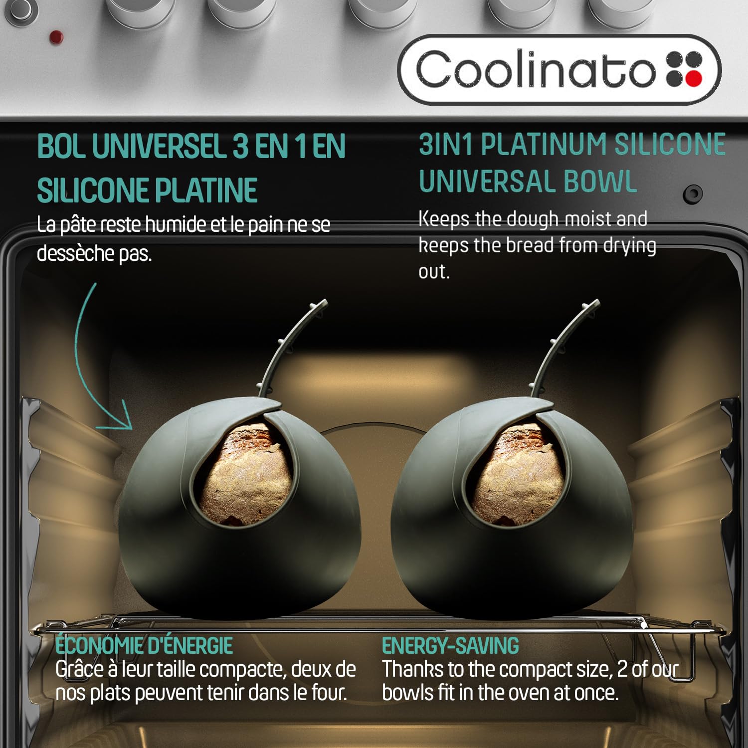 Coolinato Bol universel 3 en 1 en silicone, moule à pain pour cuire, mélanger et cuire à la vapeur, résistant à la chaleur jusqu'à 230 °C, 24cm