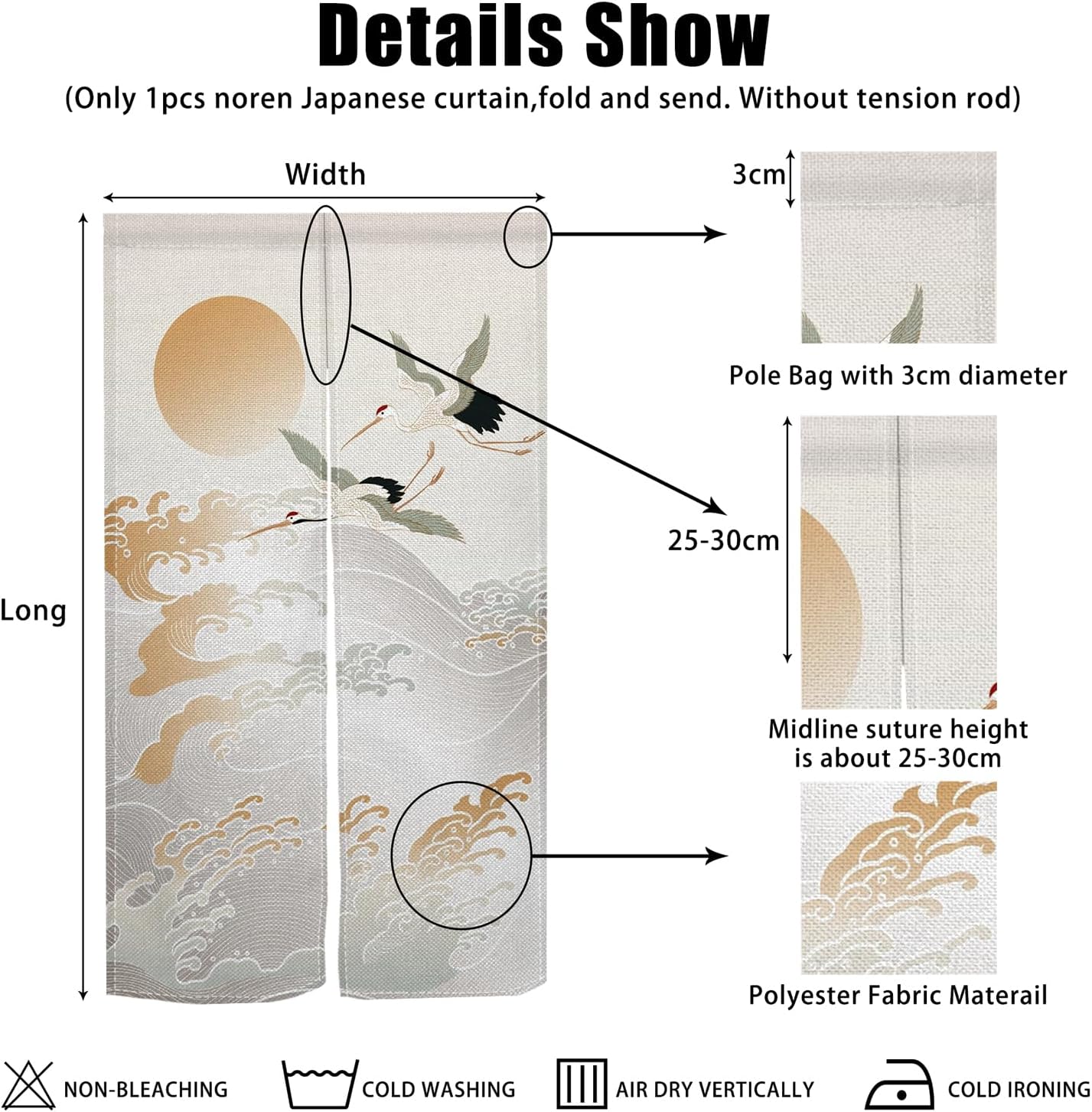 Noren Curtain Doorway Japanese Style Half Curtains Traditional Crane Wave Sun Printed Window Treatment for Ukiyoe Room Privacy Divider Wall Hanging Home Kitchen Decors,34"x 48"