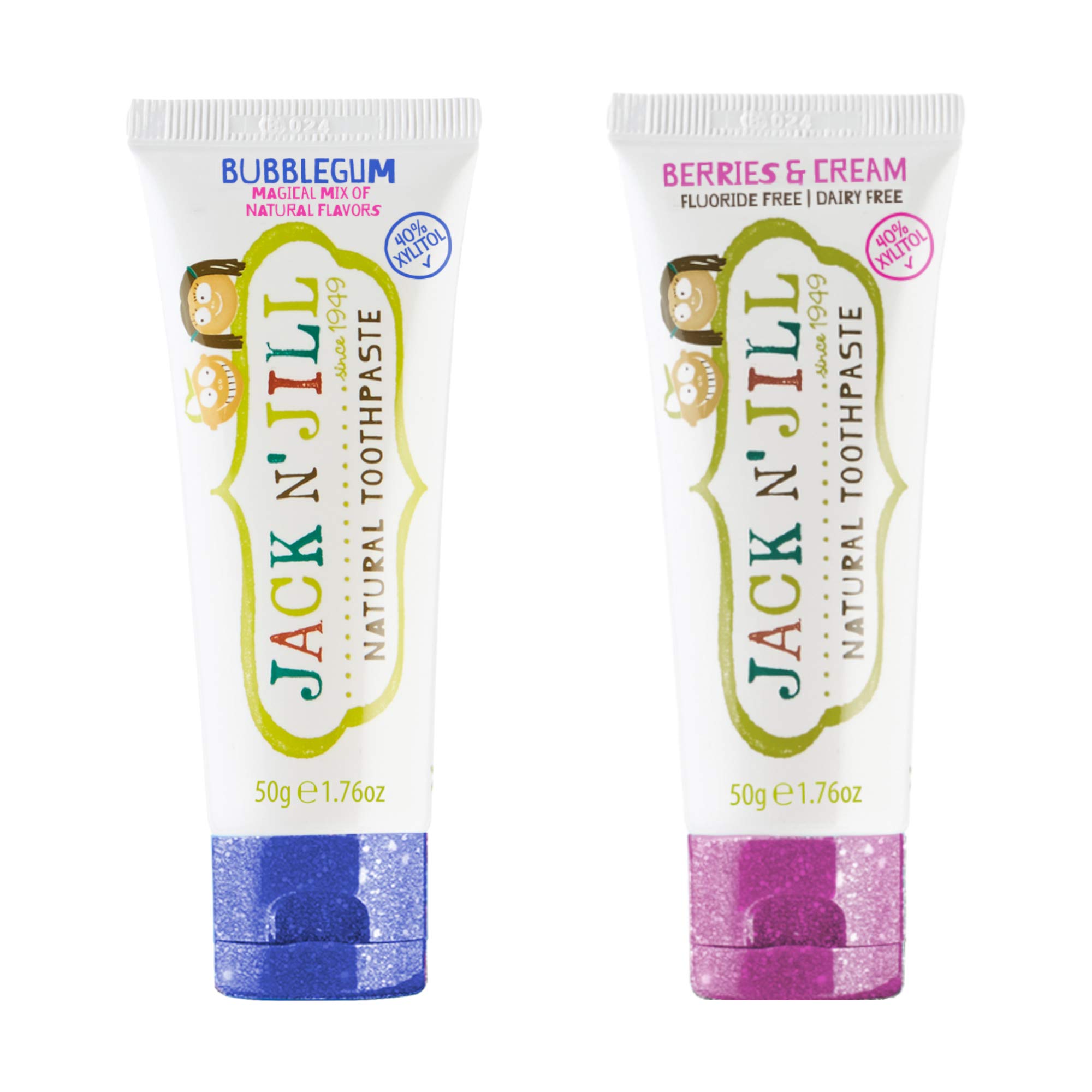 Jack N’Jill Dentifrice naturel pour enfants, dentifrice sans fluorure, aide à apaiser les gencives, dentifrice pour bébé, tout-petit et enfants de 6 mois plus Bubblegum et baies et crème Bundle 2x50g