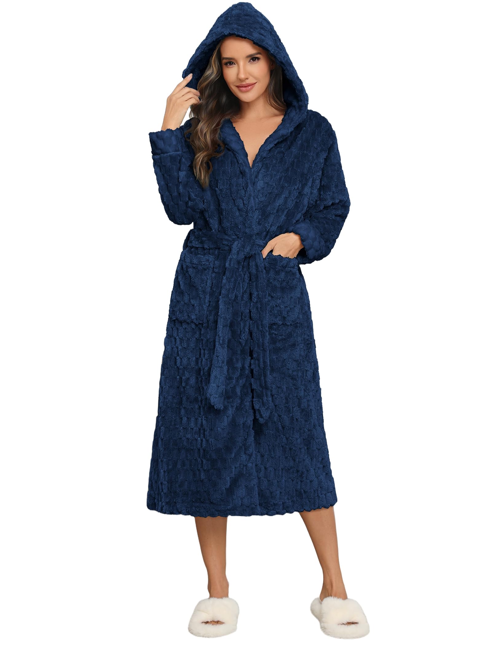 Ekouaer Womens Plush Robes Long Soft Jacquard Fluffy Bathrobe Hooded Robe Sleepwear with Pockets
