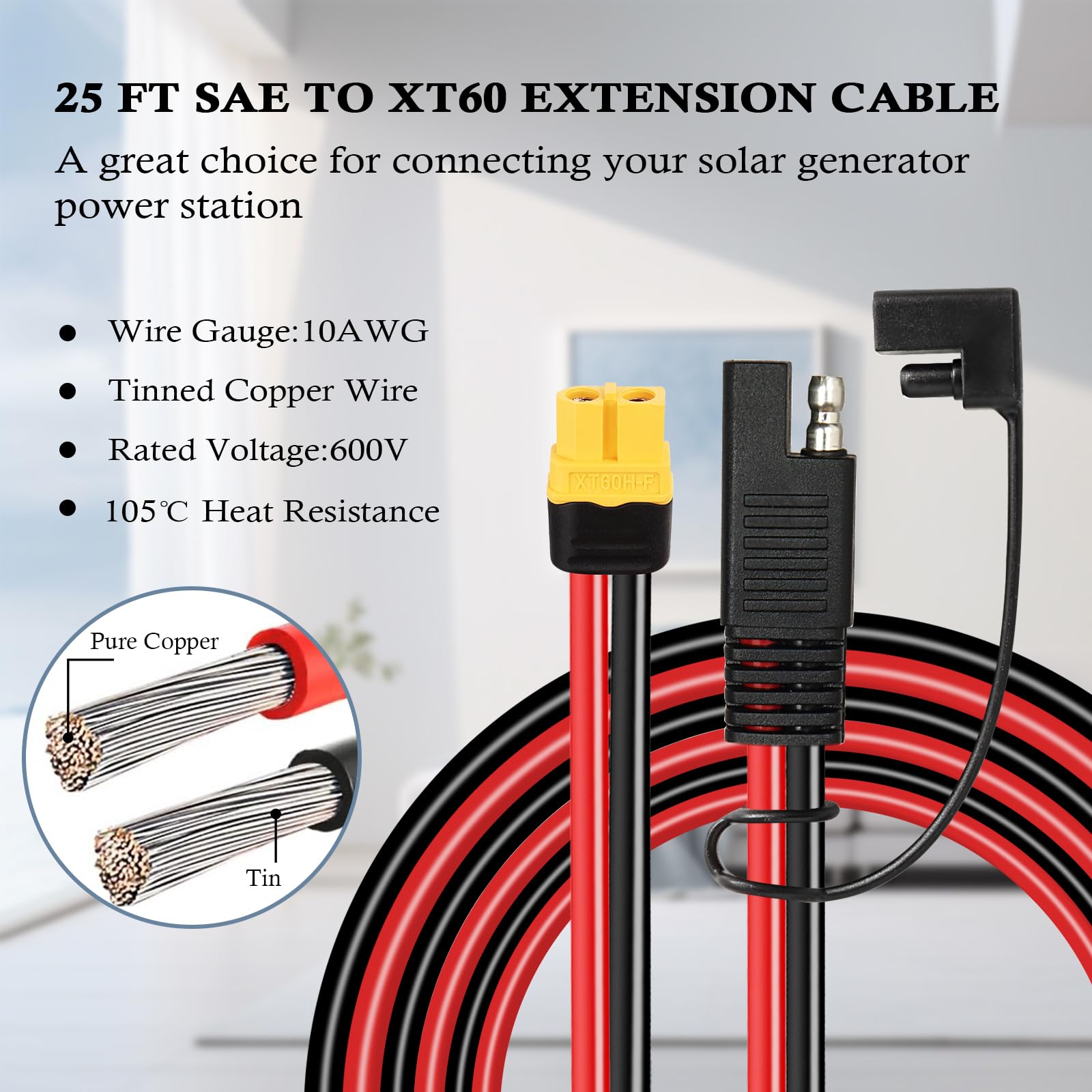 MOOKEERF Cable de extensión de conector SAE a XT60 de 10 AWG, 25 pies, XT60 hembra a SAE con adaptador de polaridad SAE inversa para estación de energía portátil, panel solar, generador solar