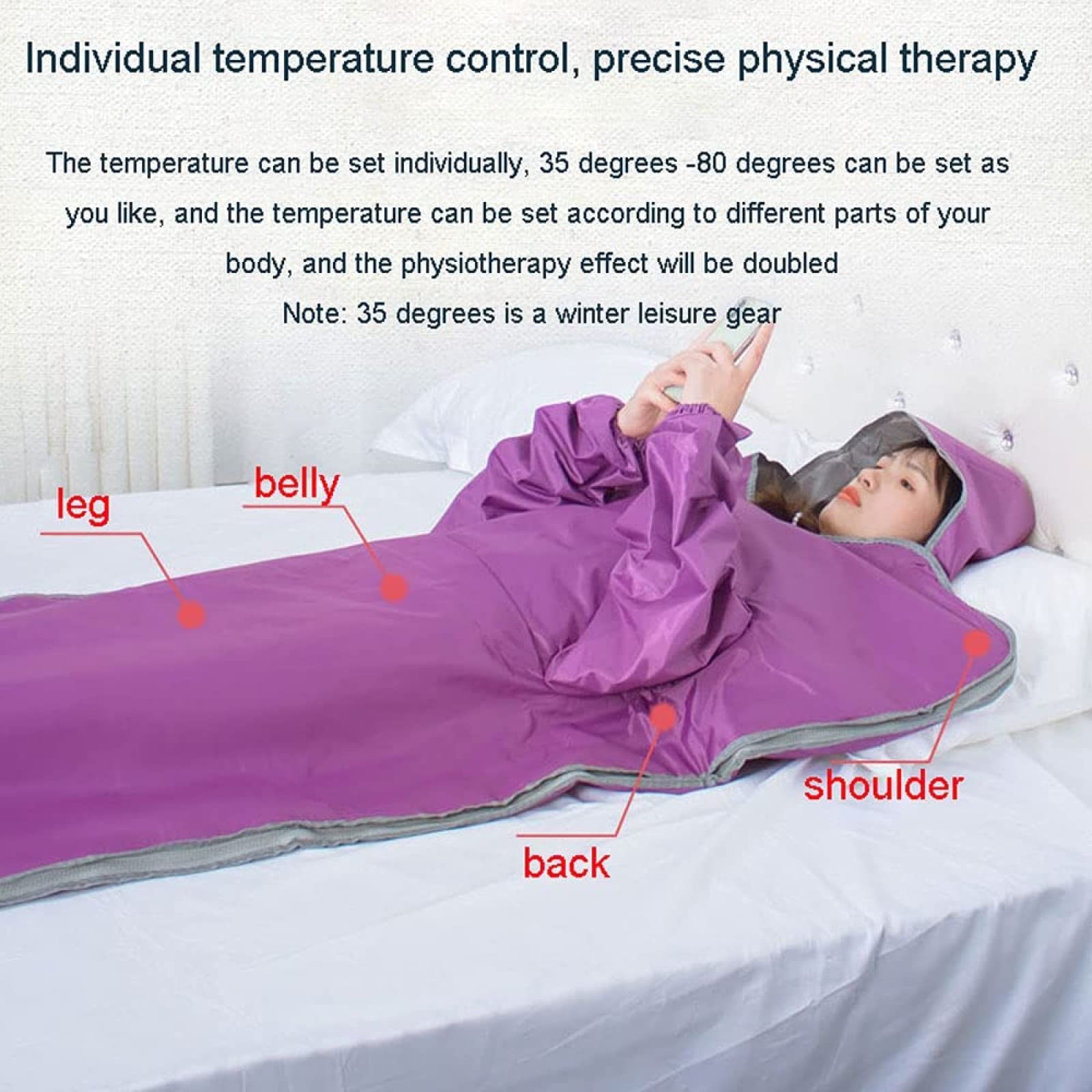 Manta térmica de sauna de infrarrojos lejanos con diseño impermeable, control remoto, para quemar grasa, para el hogar, moldear el cuerpo, color morado, 180 x 80 cm