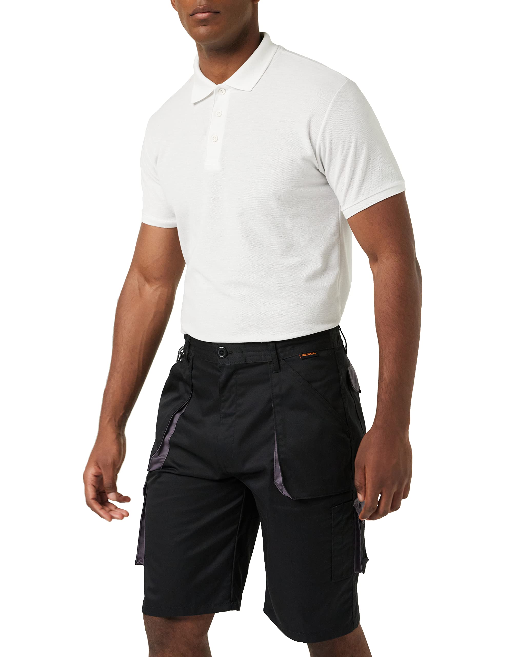 Portwest TX14 Texo Contrast Work Shorts 7 Pocket Multi Function Utility Breathable Summer Workwear Durable Safety Sitewear with Elastic Waist, Black, Medium