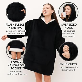 ZhangShi Wearable Blanket Hoodie, Oversized Sherpa Fleece Sweatshirt Blanket with Giant Hood Pocket and Sleeves for Adult