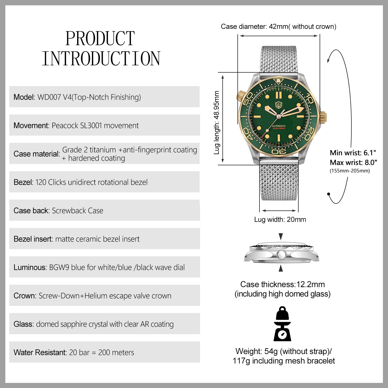 TACTICAL FROG Watchdives WD007 SL3001 - Reloj de buceo (42 mm, 200 m) | Caja de titanio de grado 2, cristal de zafiro abovedado, bisel de 120 clics y válvula de escape de helio
