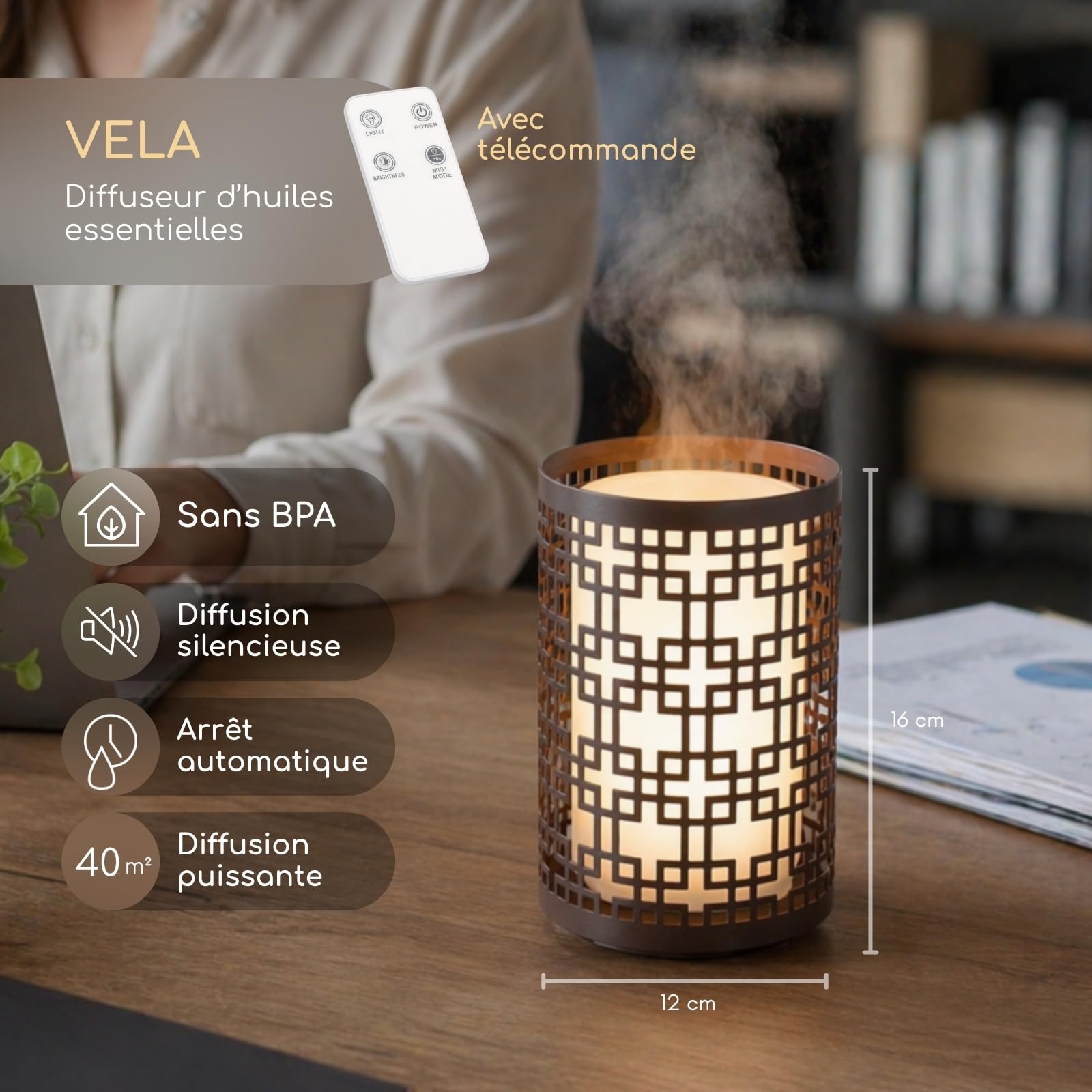 Zen’Arôme Diffuseur d’Huile Essentielle Vela – Diffuseur Ultrasonique Aromathérapie à Froid - Diffuseur Électrique Parfum Maison avec Télécommande - Éclairage LED Effet Bougie – en Métal et Verre