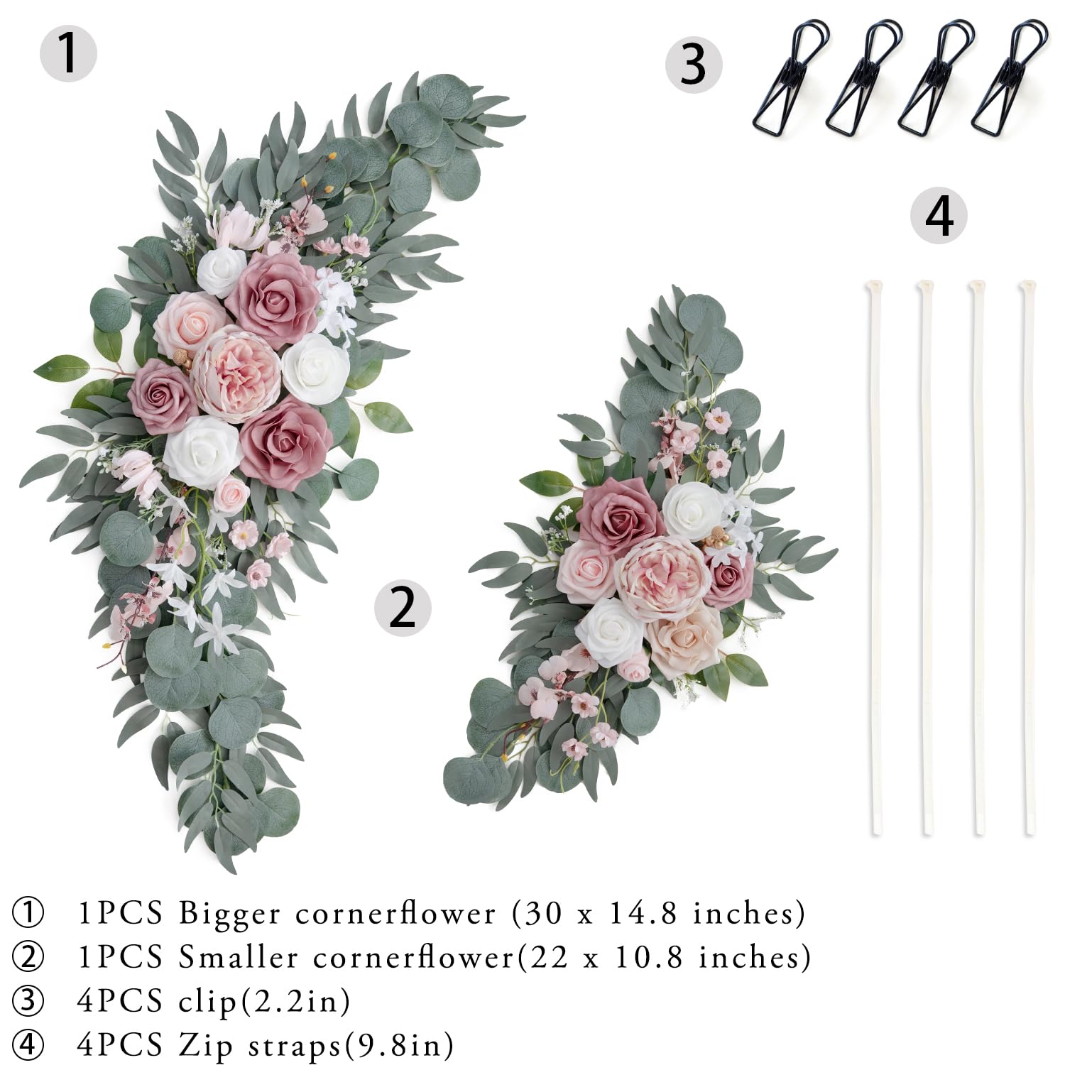 ponatia Flores de arco de boda (paquete de 2), rosas artificiales polvorientas para boda, letreros de bienvenida y flores de arco para ceremonia de boda, recepción (rosa polvorienta y rubor)