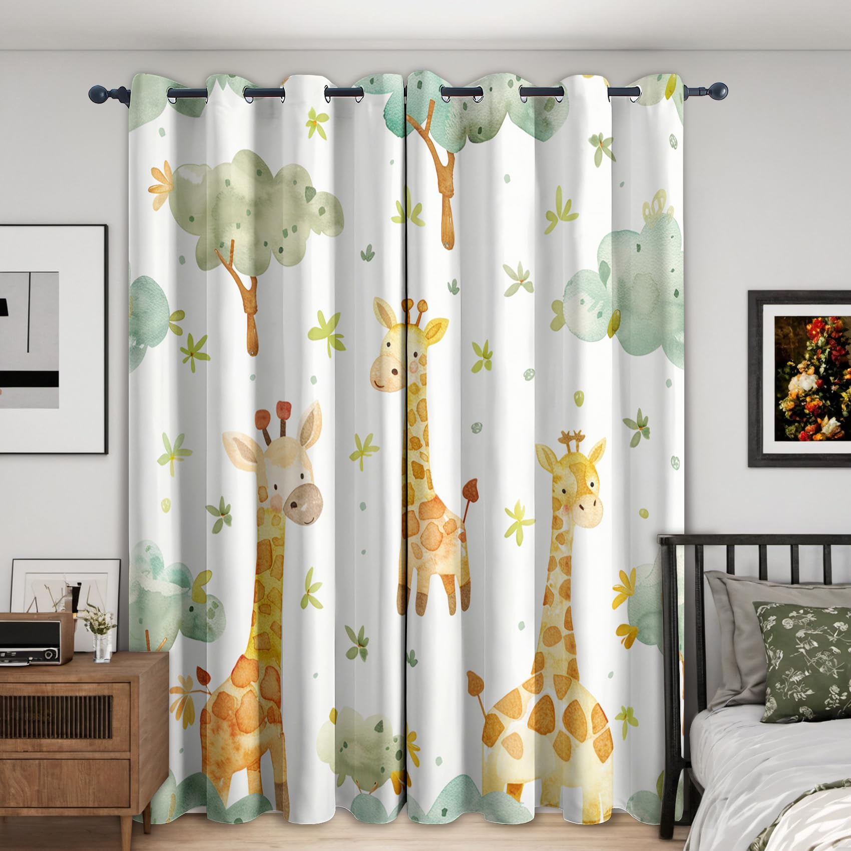 Cute Giraffe Curtains Blackout, 46x54 Inch 2 Panels - Cartoon Animal Kids Pattern Black Out Curtains, Home Decor, 54 Drop Eyelet Window Drapes for Bedroom, Living Room P65
