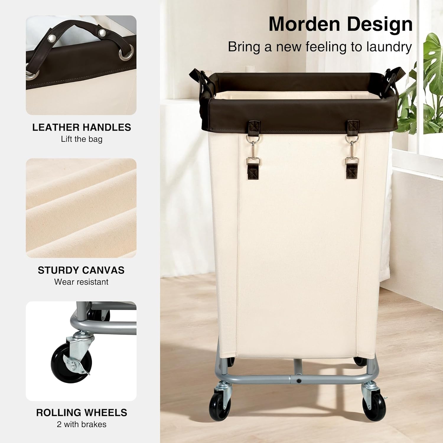 STO STO 160L Laundry Hamper with Wheels, Rolling Laundry Sorter Basket with Heavy Duty Steel Frame, Large Clothes Hamper with Handles for Bedroom, Bathroom, Laundry Room, Beige and Brown