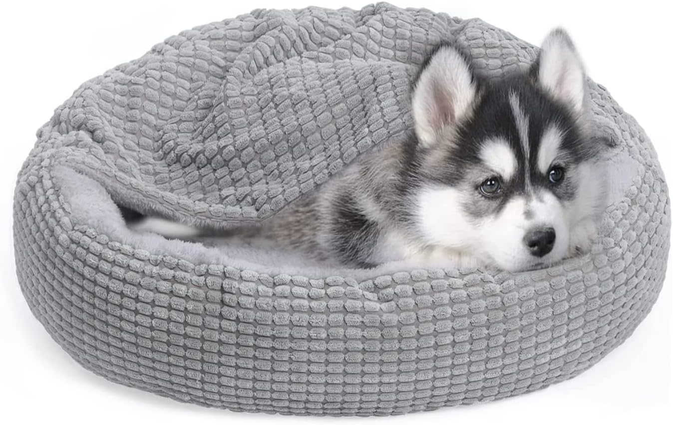 Alalulu Small Dog and Cat Bed with Hooded Blanket, Donut Round Calming Anti-Anxiety Pet Cave for Indoor Kitty or Puppy’s Warmth, with…