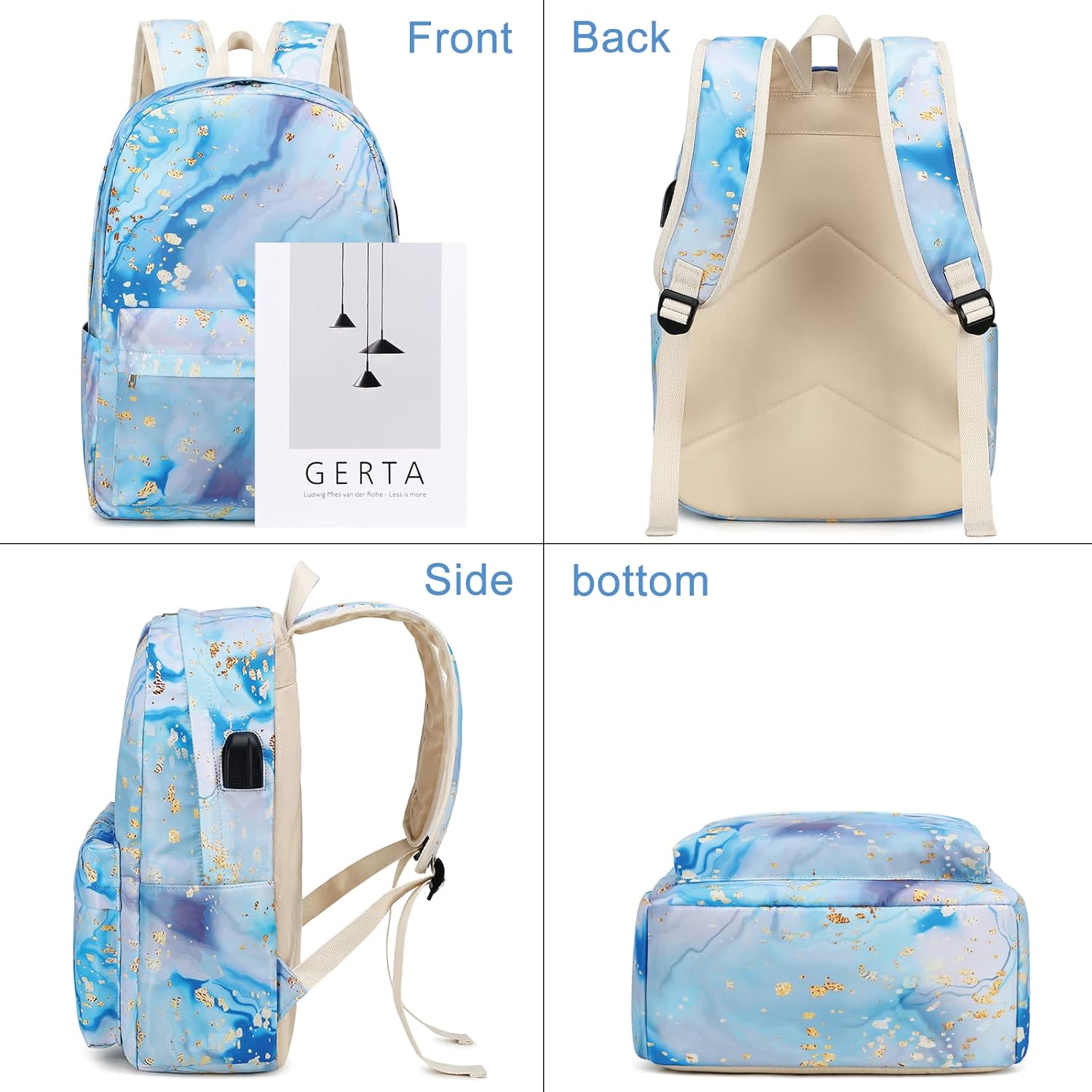 Teen Girls School Backpack Kids Bookbag Set with Lunch Box Pencil Case, Travel Laptop Backpack Casual Daypacks (Blue-marble)