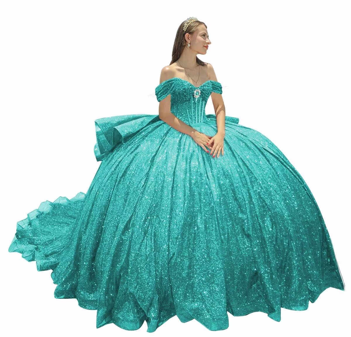 PFTFB Puffy Tulle Long Quinceanera Dresses Ball Gown Off Shoulder Sweet 16 Dresses with Train Sweetheart Evening Gown