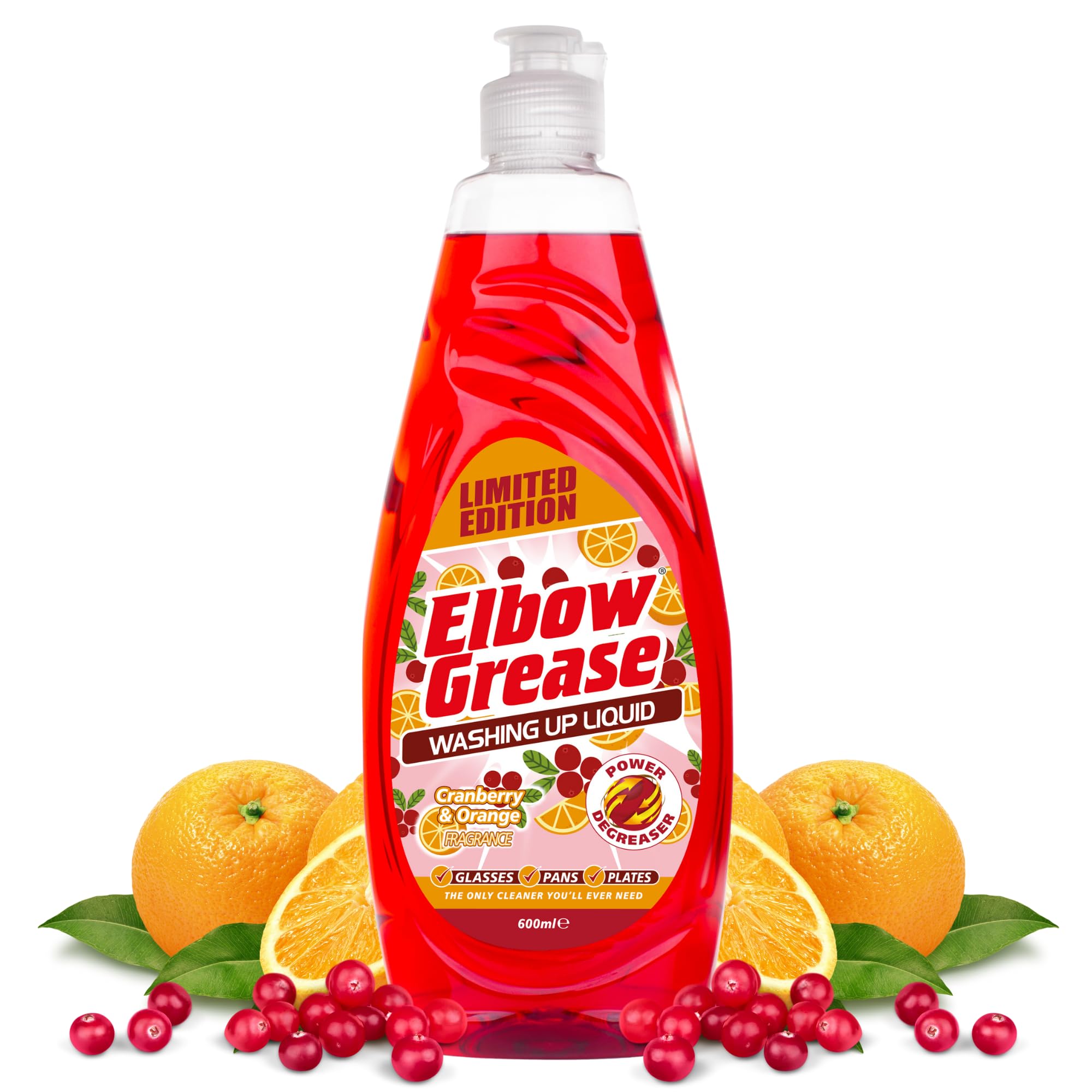 Elbow Grease Washing Up Liquid | Power Degreaser - Soap for Hand Washing Dishes, Pots, Pans & Glasses (Cranberry & Orange, 600ml)