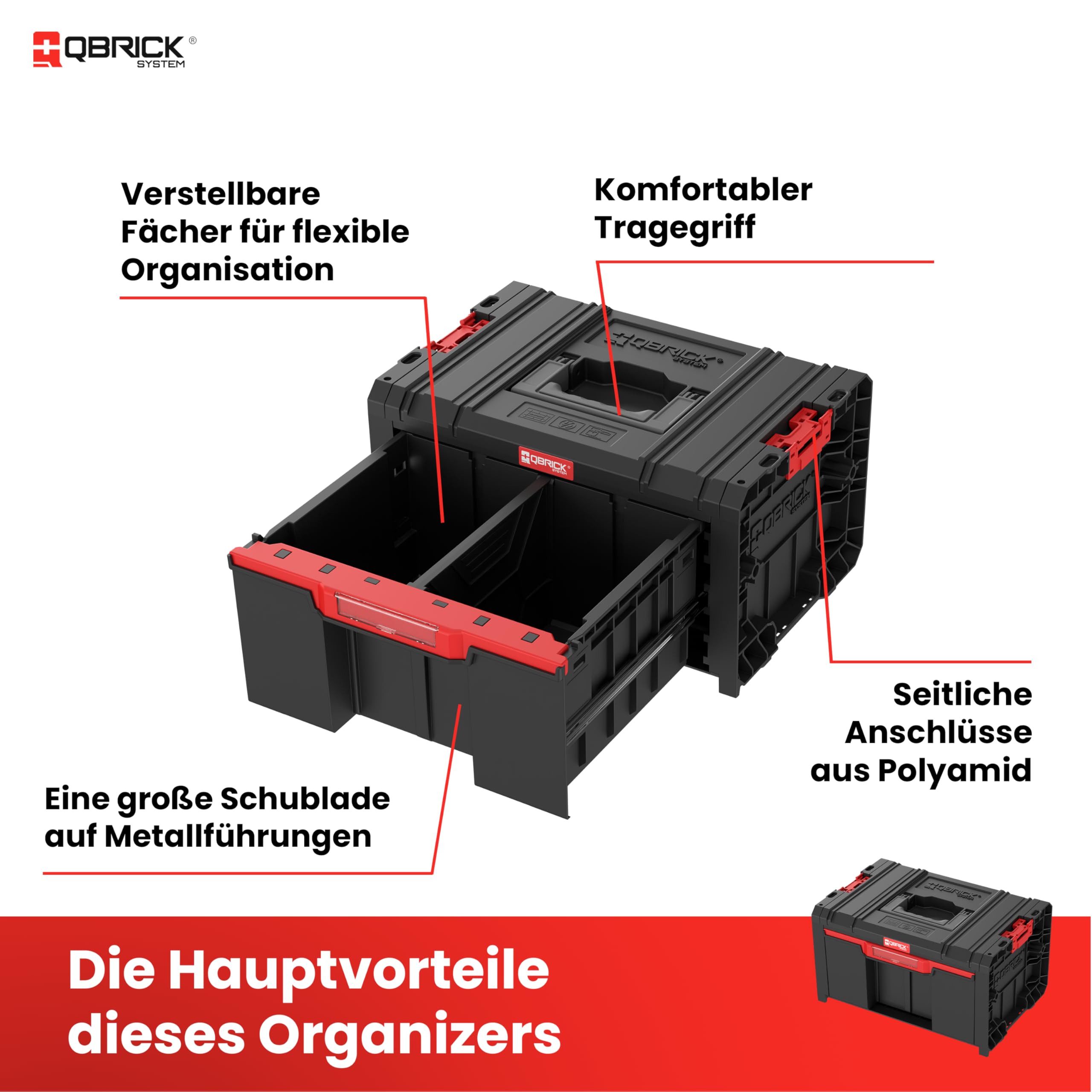 Qbrick System Werkzeugkoffer Pro Drawer 1 Toolbox 2.0 Basic Black Werkzeugkasten mit tiefer Schublade Robust Automatische Blockade Modular