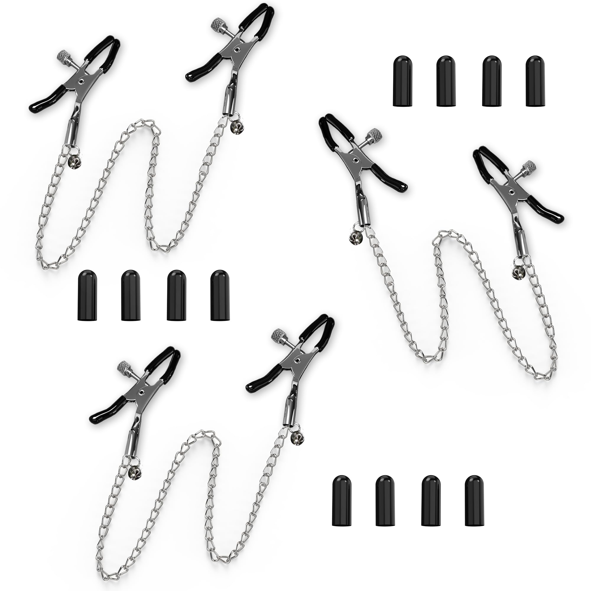 BDSM Nipple Toys 3PCS Adjustable Metal Nipple Clamps with 12 Replacement Rubber Sleeves, Nipple Clips for Women Men Couples, Bondage Breast Stimulation Sex Toys for Adult Fetish Play