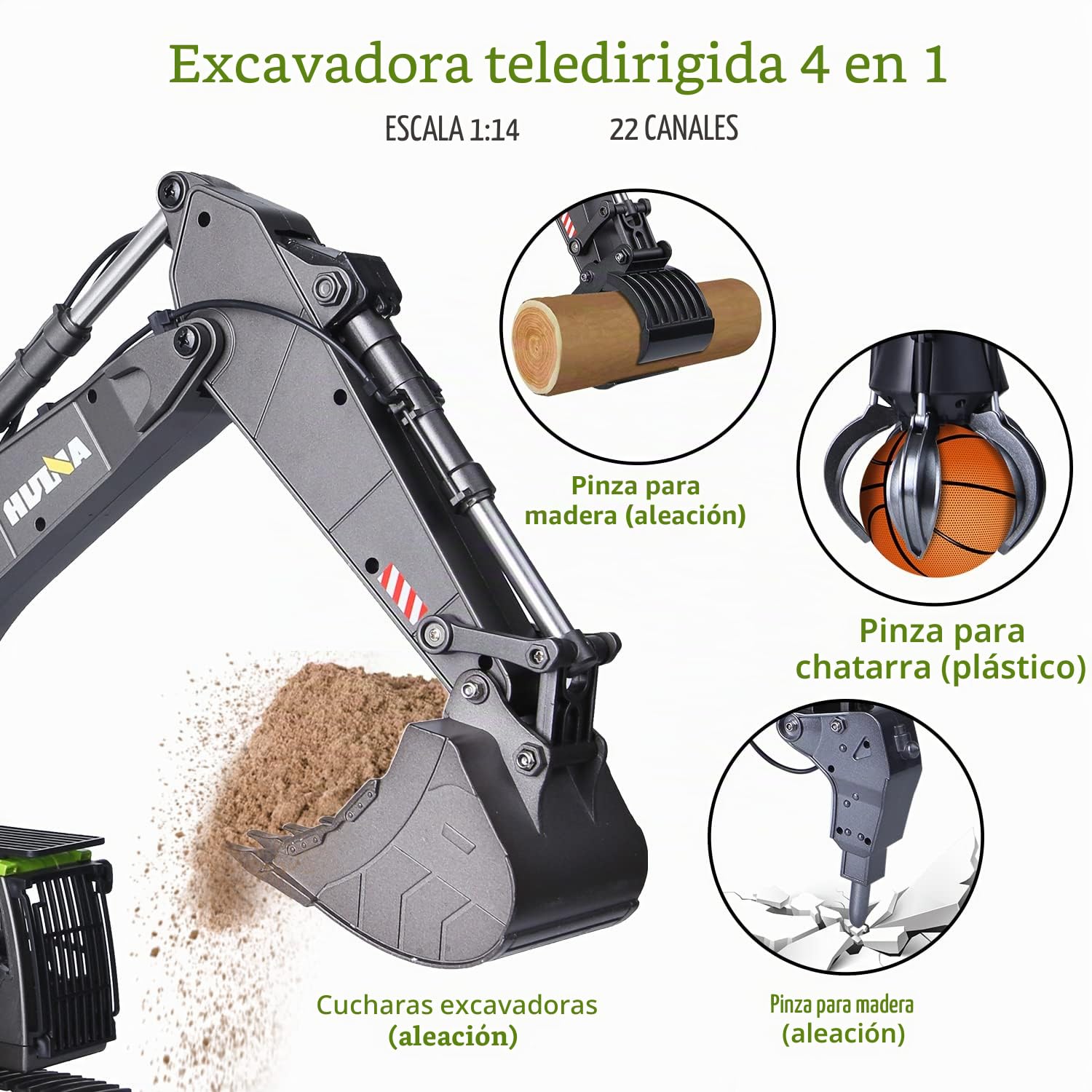 1:14 Excavadora Juguete Grande, 22 Canales Escavadoras Juguetes con todas las funciones, Excavadora Teledirigido RC +2 Baterías+3 Accesorios, Juguetes RC Pala, Gruas de Juguetes Niño 4 6 8 10 14+ Años