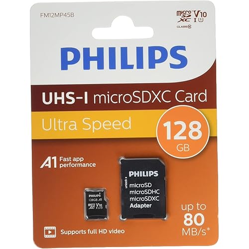 Philips PHMSDM128GXC10U1 128GB Micro SDXC Class 10 UHS-1 & V10 Flash Memory Card with Adapter