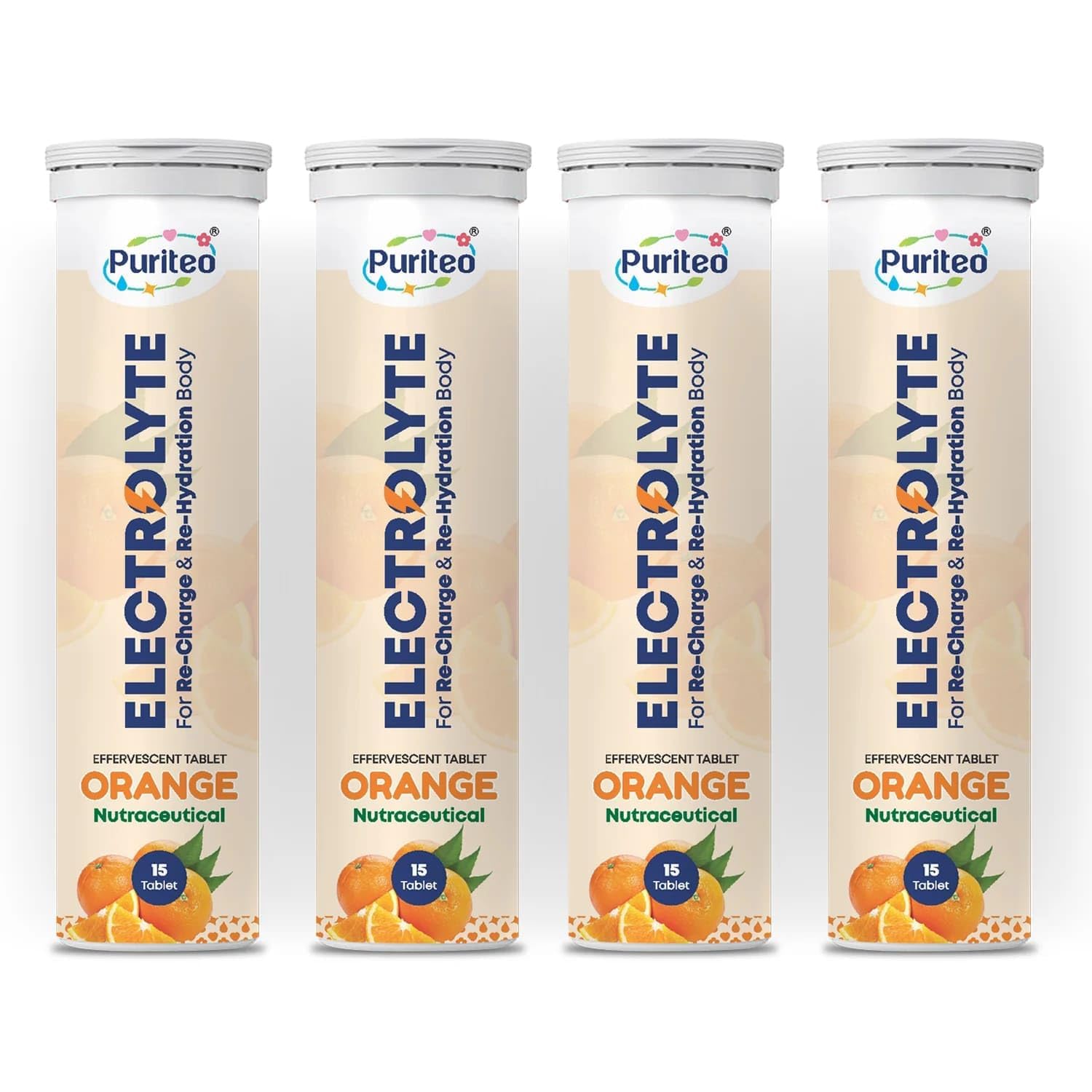 Puriteo Electrolyte Effervescent Tablets Orange Flavour | Zero Added Sugar | 5 Essential Electrolytes for Hydration & Energy | Fast Dissolving Drink | 15 Tablets Each Pack of 4