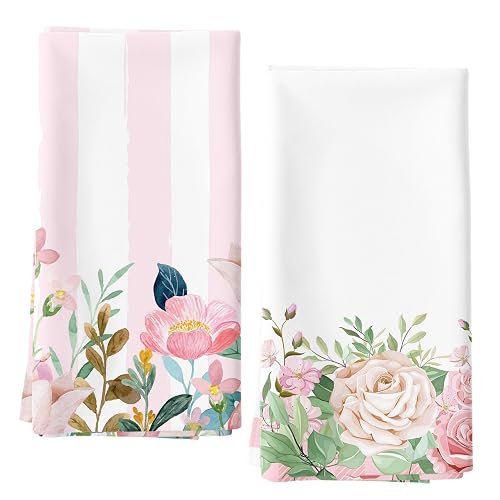 LB Spring Floral Kitchen Towels Pink and White Vertical Striped