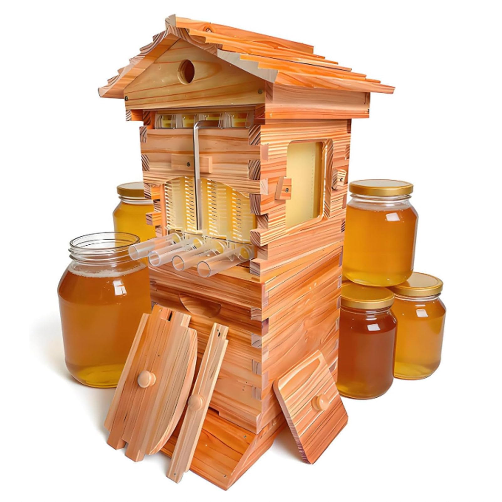 Arnia a Flusso Automatico, Arnia in Legno Completa per Apicoltura con 4 Telaini e 6 Vassoi a Favetto – Kit Base per Apicoltura Domestica e Impollinatori da Giardino
