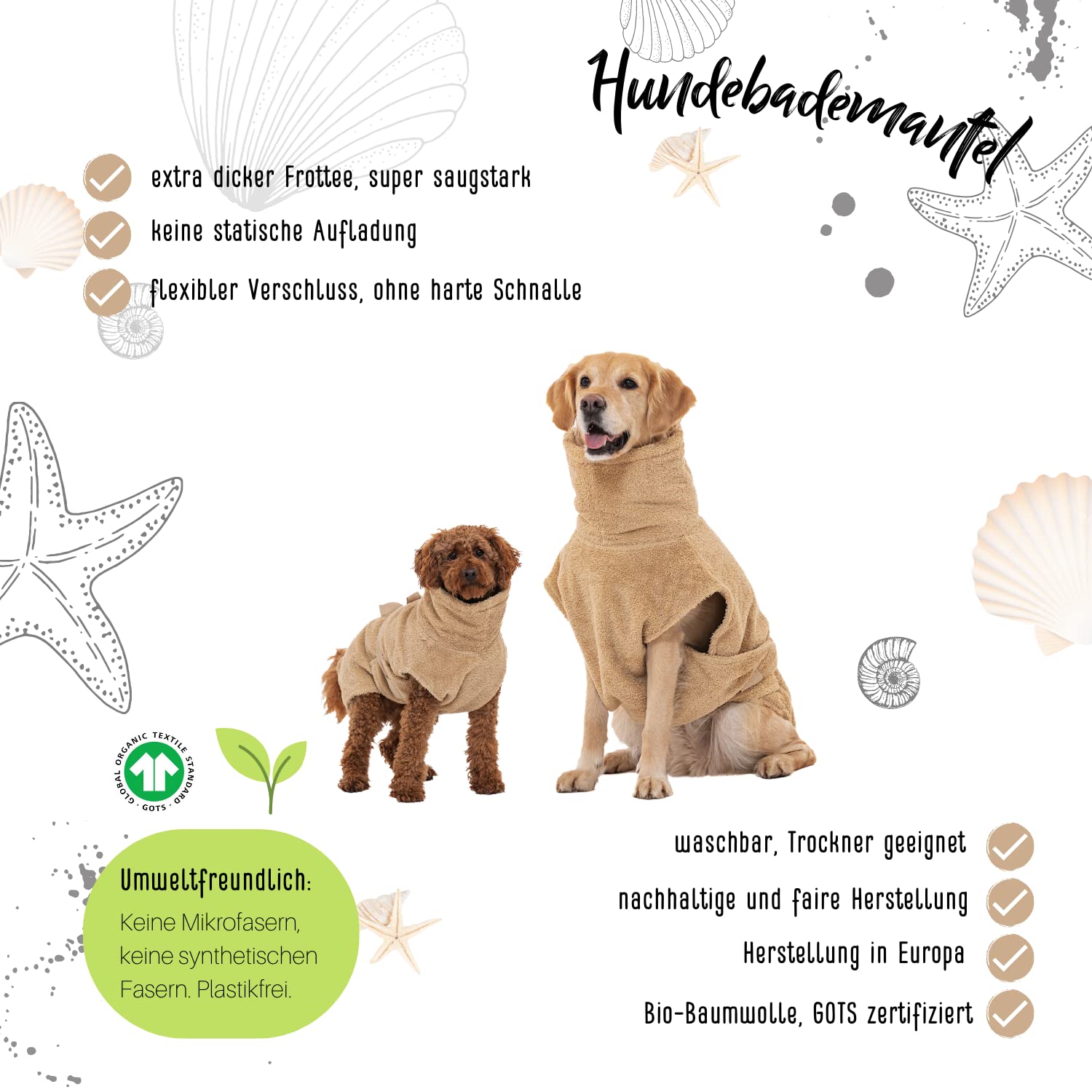 Lill's Hundebademantel, 100% Bio-Baumwolle, Organic, Sand (Beige/Creme) (XXS: 40 cm Rückenlänge)