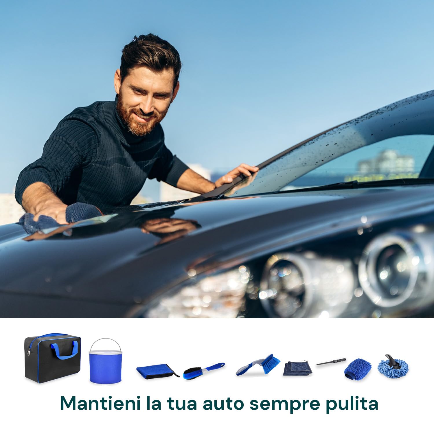 Kit Pulizia Auto Completo 16 Pezzi per Pulizia Auto Interni ed Esterni con Spazzola Lavaggio Auto, Panni in Microfibra e Guanti Chenille, Facile da Usare e Multiuso Professionale