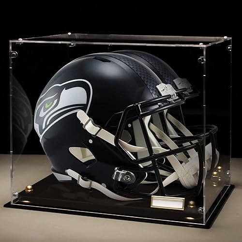 Estuche para casco de fútbol de tamaño completo con parte trasera de espejo y etiqueta de nombre de acrílico con base protección UV caja disponible en Yaxa Colombia