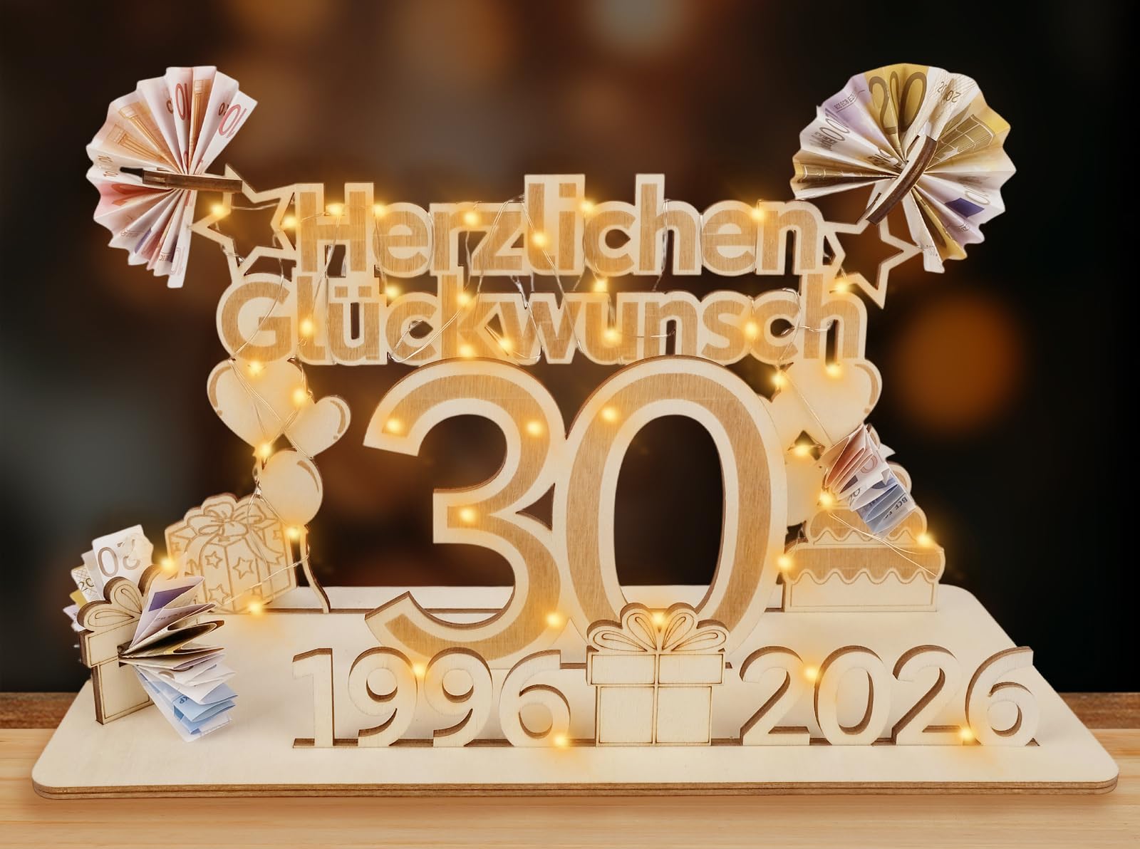 ARTREE Geldgeschenke Geburtstag Frau Mann, Holz Schild Gästebuch mit LED Lichterkette, Personalisiertes Geschenke Geburtstagszahlen, Geburtstag Deko, Hochzeit Deko