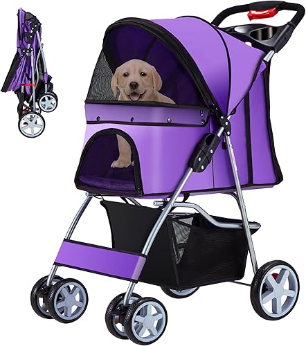 Cochecito para mascotas, carrito de paseo para mascotas de 4 ruedas para perros y gatos medianospequeños, cochecito plegable para perros con soporte