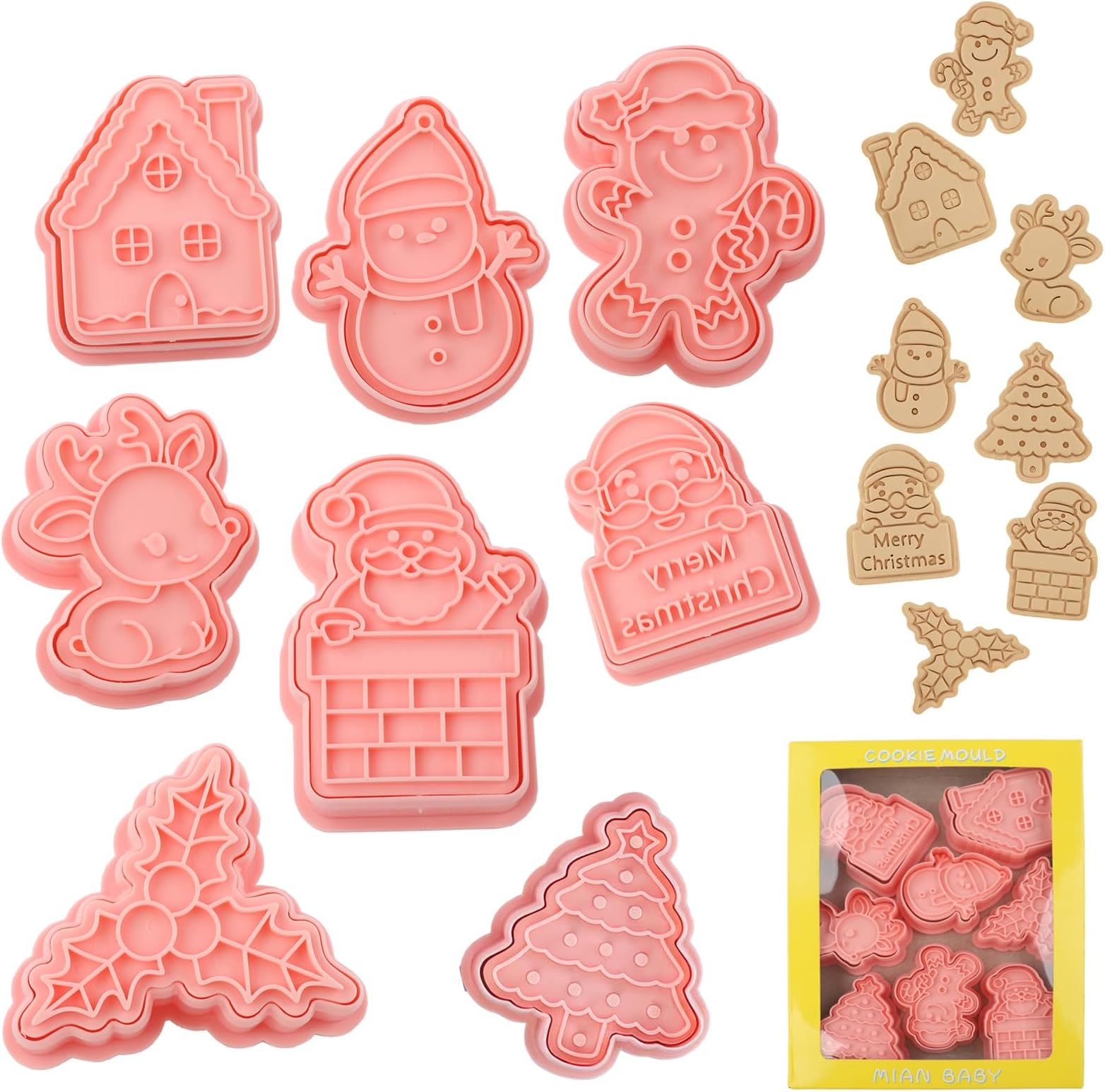 8 Pcs Christmas Cookie Cutters, 3d Embossing Mold for Biscuit Baking, Christmas Tree,Gingerbread Man,Snowman,Snowflake,Reindeer Biscuit Mold Set, Party Supplies