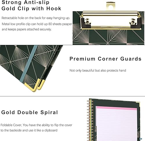 Miniatura 6 de Folio portapapeles con bloc de notas recargable, carpeta de portapapeles en espiral de tapa dura, 5 divisores, 10 bolsillos de almacenamiento,