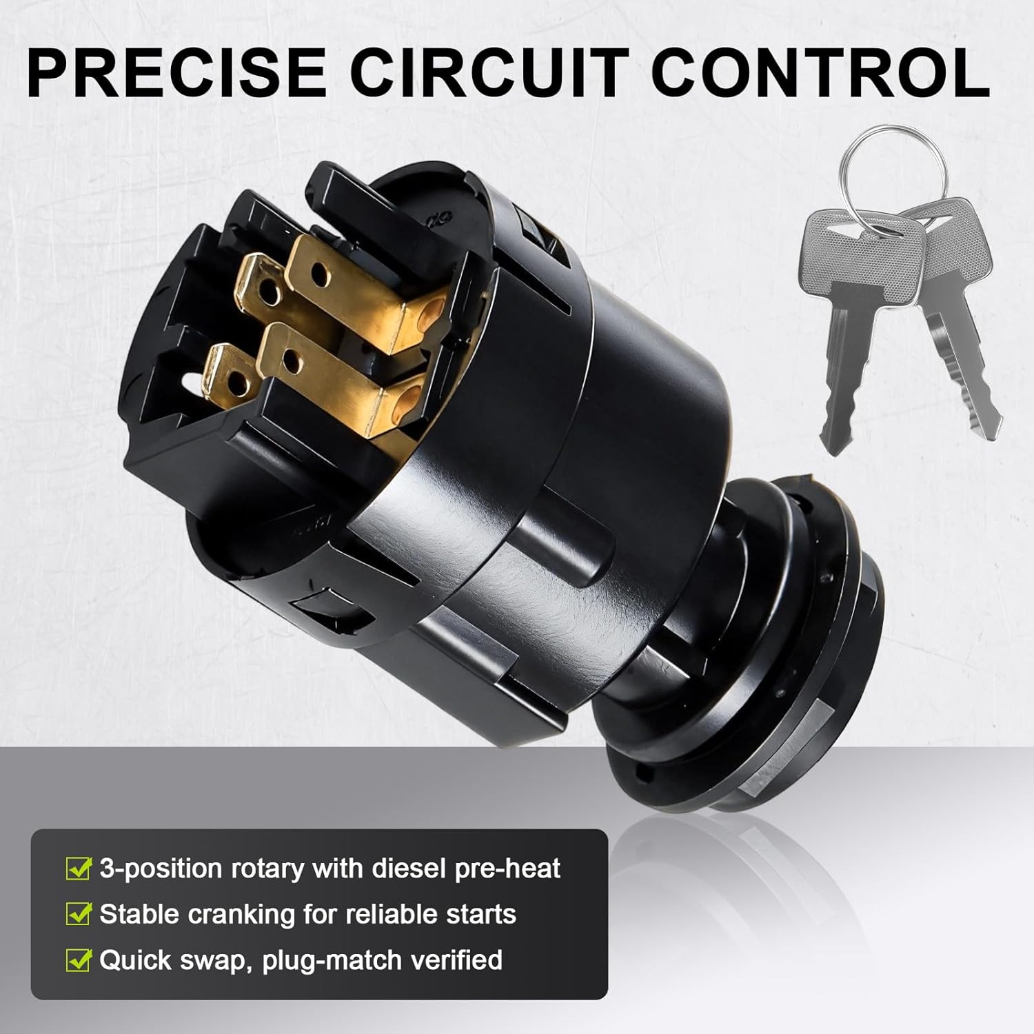 Ignition Starter Switch 25150-GB00A with 2 Keys - Compatible with Nissan/UniCarriers Forklift (1F2 Platform Examples: P1F2A25DU FD10–30 Segment), 4-Position, Flat Terminals