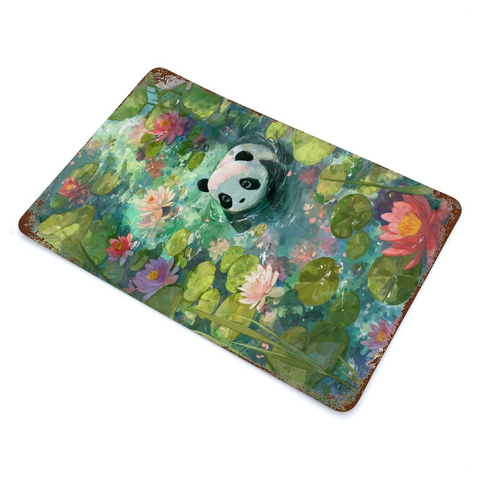 Panda in Lily Pond 11.8"x7.9" Weathered Tin Sign, Shabby Chic Decor for Cafe, Home Bar And Lounge Decor
