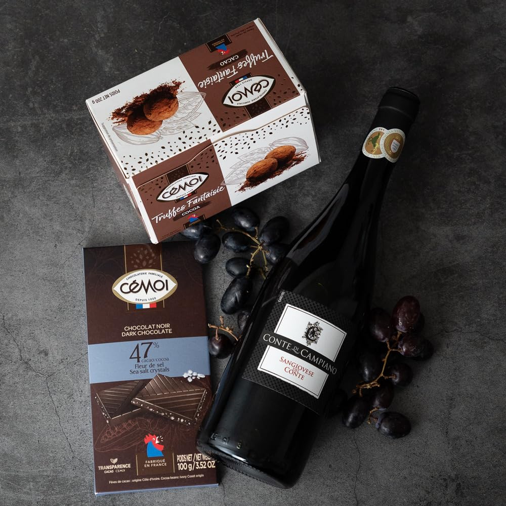 The Wine Guys Präsentkorb „Gaumenfreude“ Italienischer Rotwein Sangiovese und französische Schokoladentrüffel und Vollmilchschokolade als Geschenkset