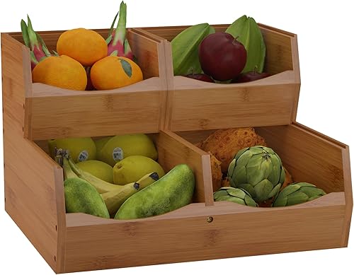 Miniatura 1 de Contenedores apilables con frente abierto, almacenamiento apilable, juego de 3 piezas apilables de bambú para encimera de cocina para verduras,