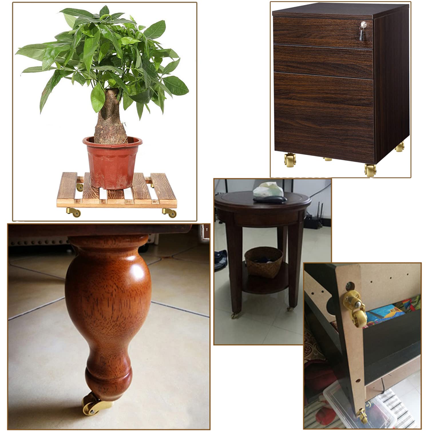 Set di 4 Ruote a Vite in Ottone Massiccio lucidato, Mini rotelle Vintage Dorate per mobili, girevoli a 360°, capacità di carico 150 kg, Ideali per tavoli e riparazioni di pianoforti.